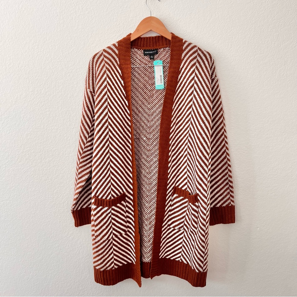 Fortune & Ivy Stitchfix Brown and White Long Cardigan Sz M NWT